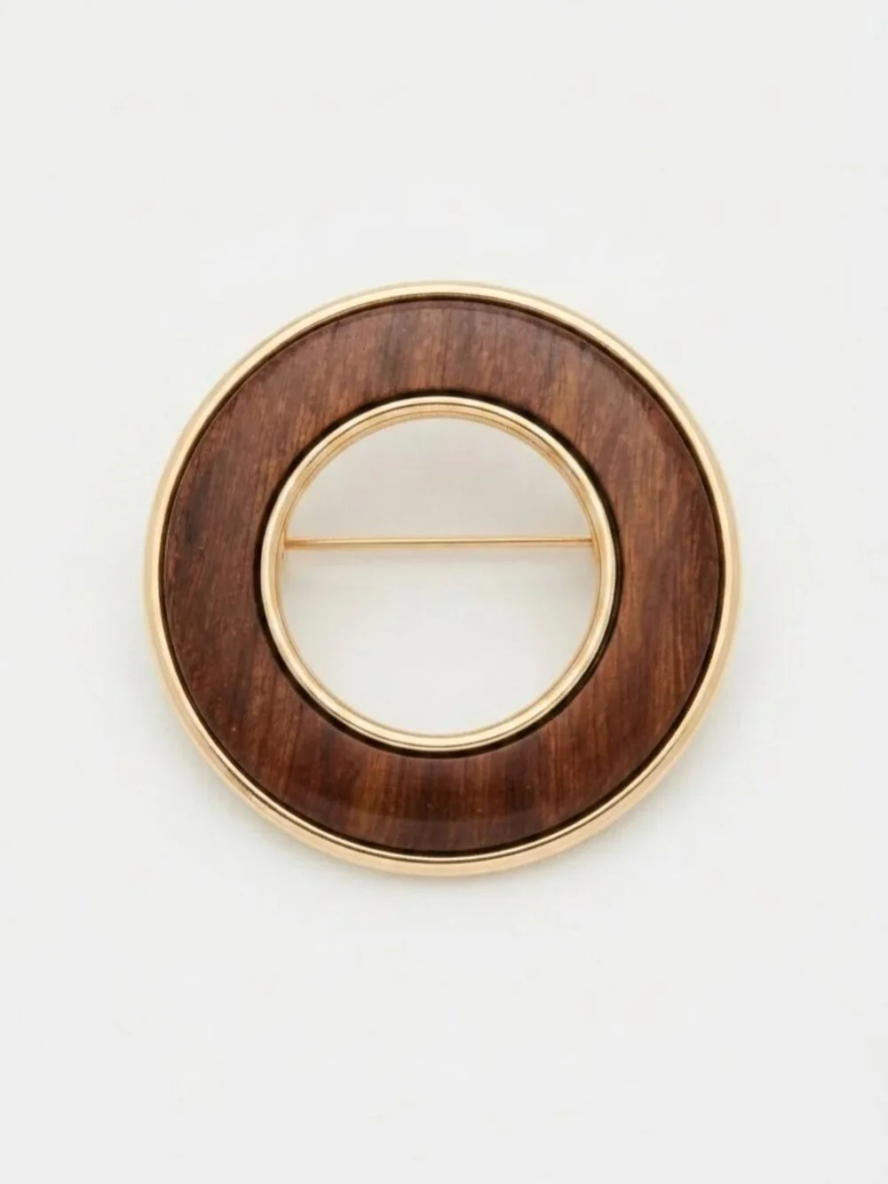 Vintage 1970s Modernist Wood & Gold-Tone Circle Brooch | Retro Geometric Stateme